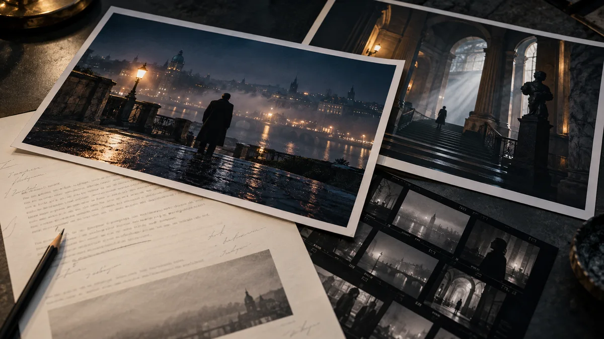 AI-generated editorial still life of film prints, a synopsis and contact sheets on an editing desk