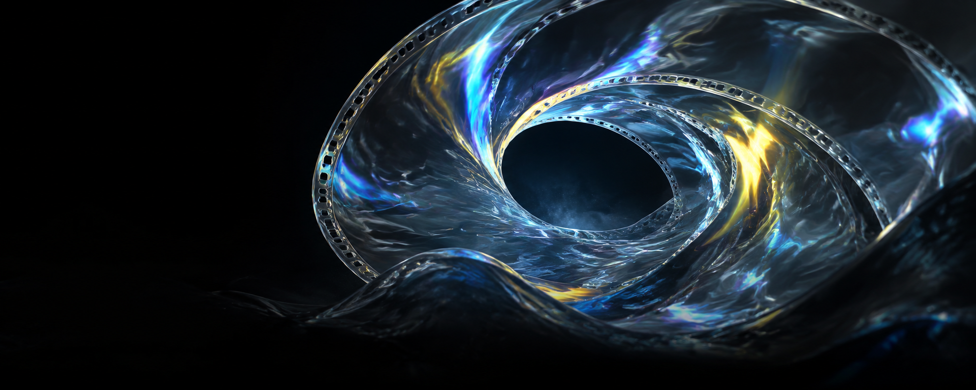 Prompt2Screen concept artwork: a luminous chrome film ribbon